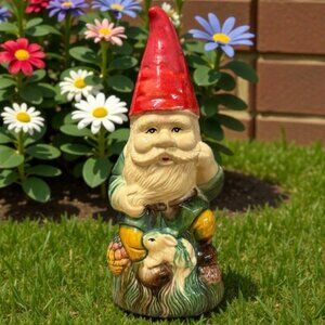Vintage Hand Painted Ceramic Garden Gnome w/Bunny Rabbit Basket Majolica Style